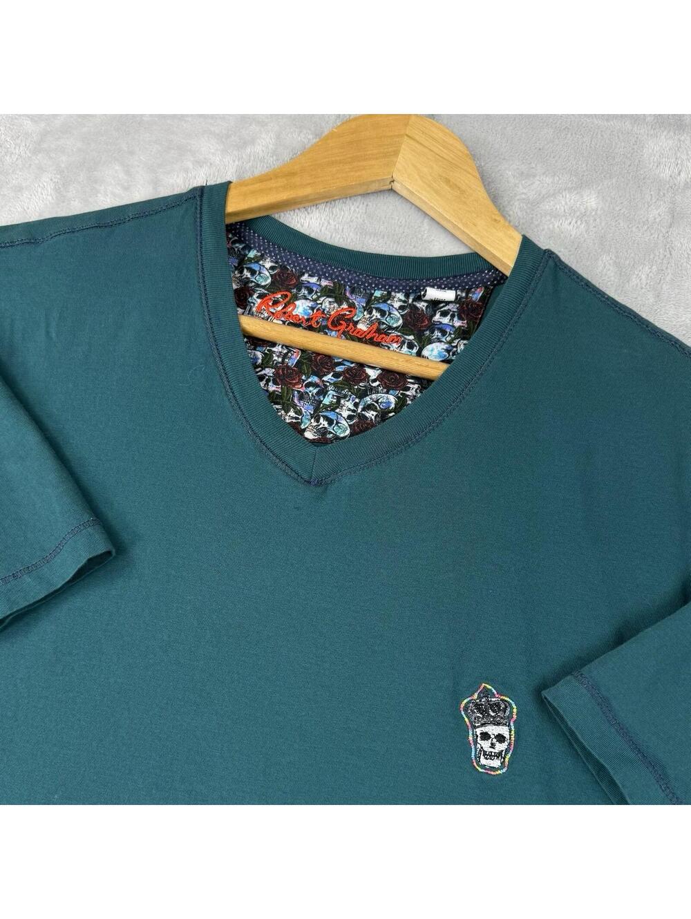 Robert Graham T-Shirt Green V-Neck Skull Embroidery Graphic XXL Luxury Casual